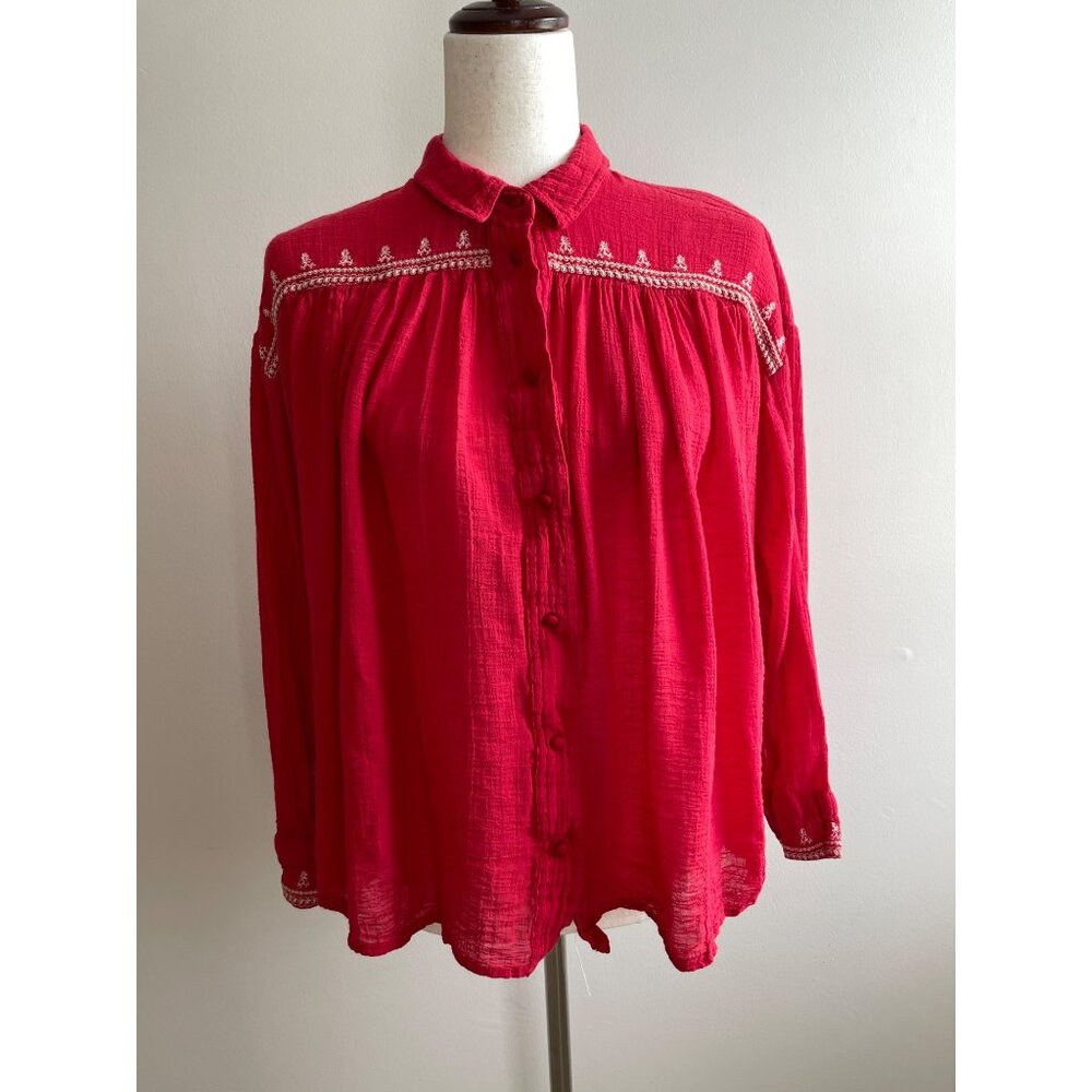 L.O.G.G. Embriodered Button Down Shirt Womens 0 XS Reg Gauze Fabric Long Sleeve